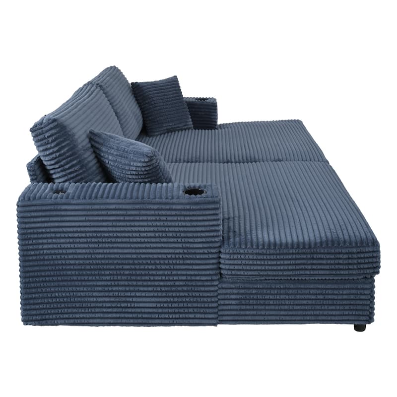 Corduroy Loveseat, Upholstered Deep Seat Sofa Lounge Couch Bed w2 Pillows and 2 Cup Holders 2 USB Ports Recliner Sofa