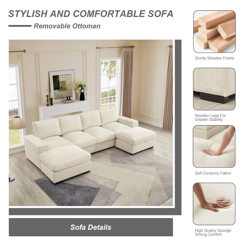 Modern U Shaped Sectional Sofa with Corduroy Upholstery and Armrest Storage for Living Rooms or Apartments