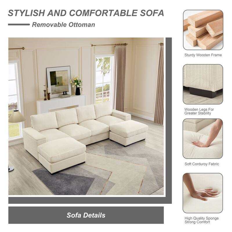 U-Shaped Sectional Sofa with 2 Movable Ottomans, Comfy Corduroy Upholstered 4 Seater Sofa, Lounge Sofa with Storage Armrests - Beige