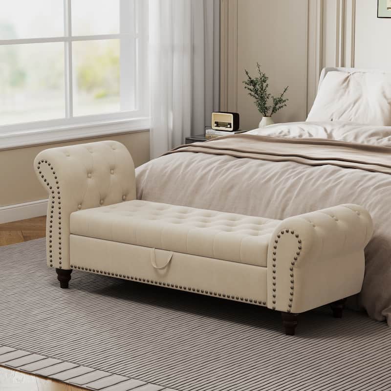64.5" Bed Bench for Bed Room Nails Tufted Chaise of Lounge with Storage Velvet Upholstery Beige