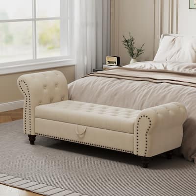 64.5" Bed Bench for Bed Room Nails Tufted Chaise of Lounge with Storage Velvet Upholstery Beige