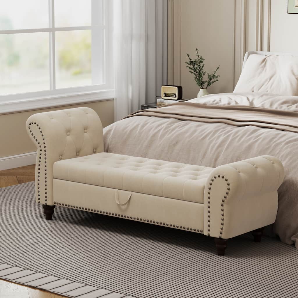 64.5" Bed Bench for Bed Room Nails Tufted Chaise of Lounge with Storage Velvet Upholstery Beige