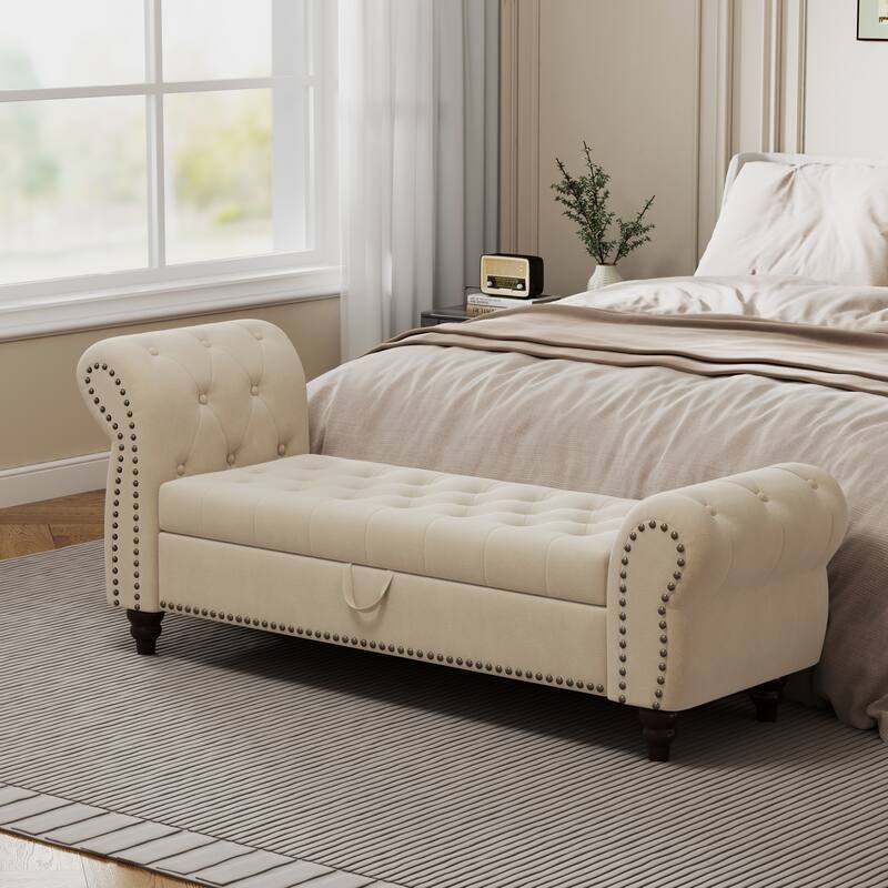 64.5" Storage Bench for Bedroom, Large Capacity Upholstered Ottoman, End of Bed Tufted Chaise Lounge with Rolled Arm - Beige