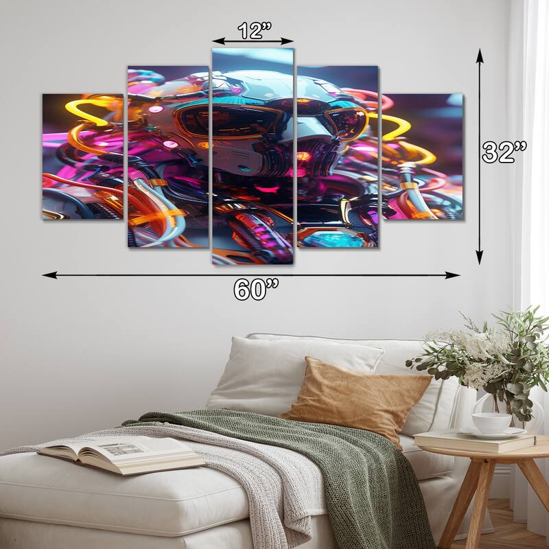 Designart "Sci-Fi Retro Futuristic Robot In Neon III" Robot Multipanel Wall Art Living Room set