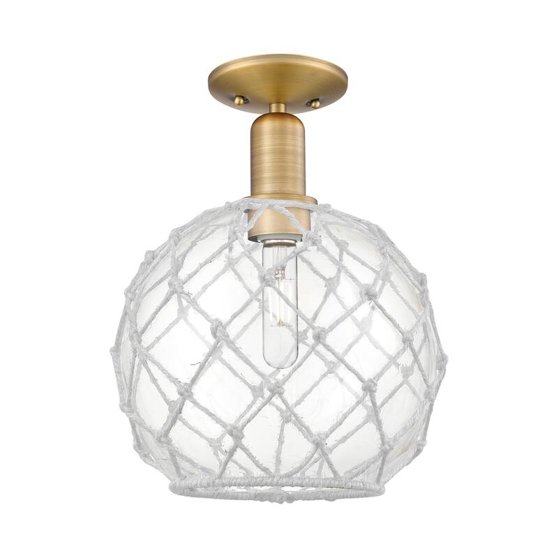 Innovations Lighting 716-1C-14-10 Farmhouse Rope Semi-Flush Farmhouse - Brushed Brass / Clear Glass with White Rope