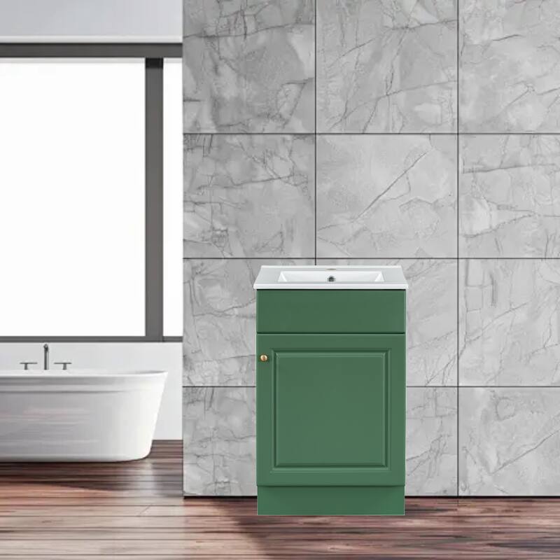 Compact 20" Freestanding Bathroom Vanity with Ceramic Sink, Soft-Close Door & Adjustable Shelf - Green