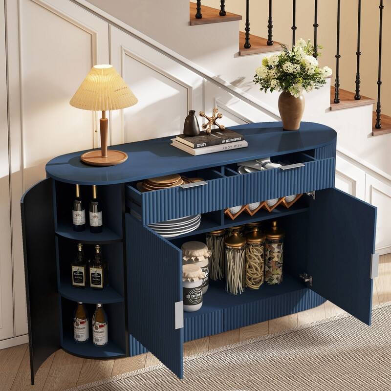 Modern 55.1" Sideboard Buffet Cabinet with 2 Curved Side Door and 2 Drawers for Living Room and Dining Area