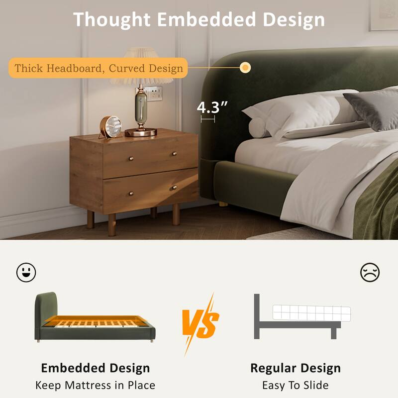 King/Queen Upholstered Platform Bed with Boucle or Velvet Fabric, Button Tufted Headboard