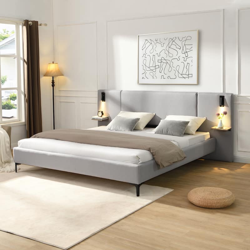 Christopher Knight Home - Elise Boucle Upholstered Bed with Integrated Lights and Shelves - Grey - King
