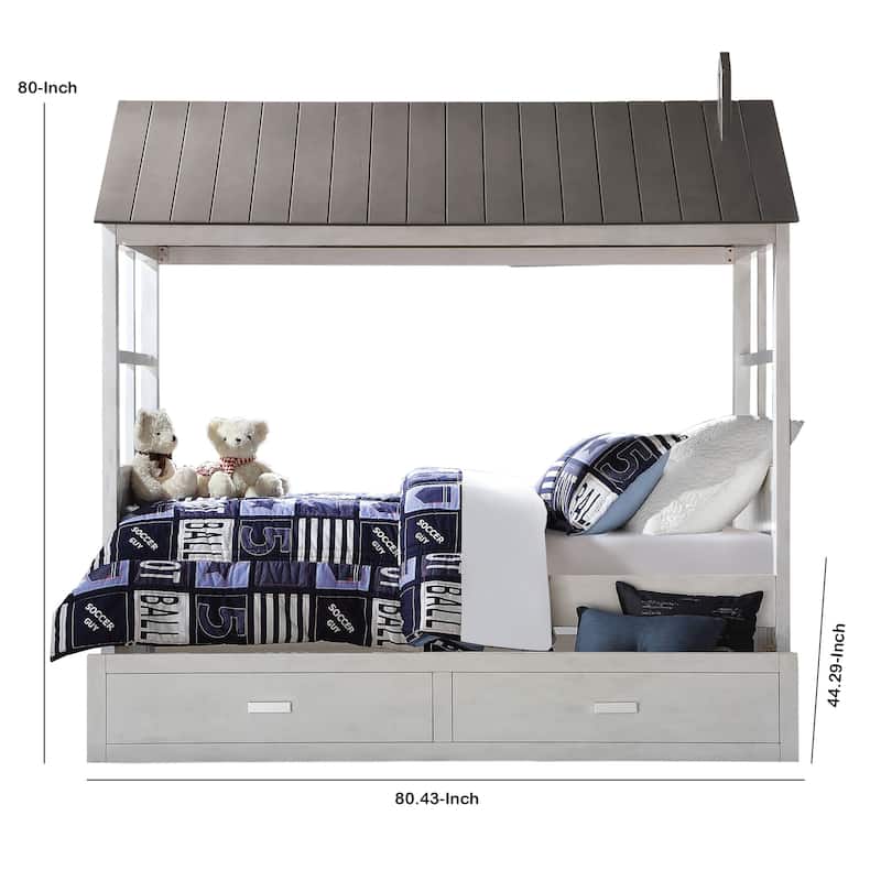 Tree House Design Wooden Twin Size Bed with Trundle, White and Gray