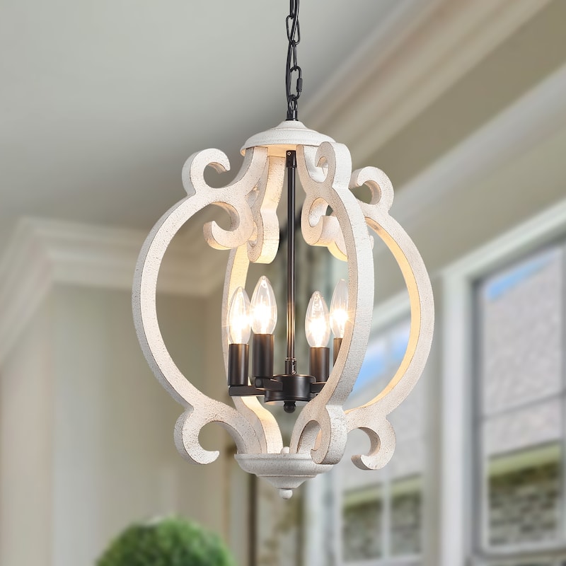 4-Light 15.74-inch Farmhouse Wooden Lantern Chandeliers for Entryway