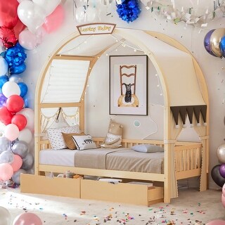 Pinewood Ground-Level Twin Size Canopy Bed with Arched Canopy,Tent,Light Strip and Two Drawers