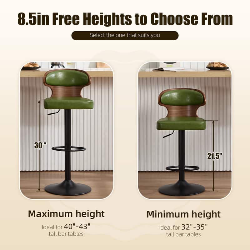 PU Leather Upholstered Curved Backrest 360° Swivel Adjustable Height Bar Stools with Footrest(set of 2)