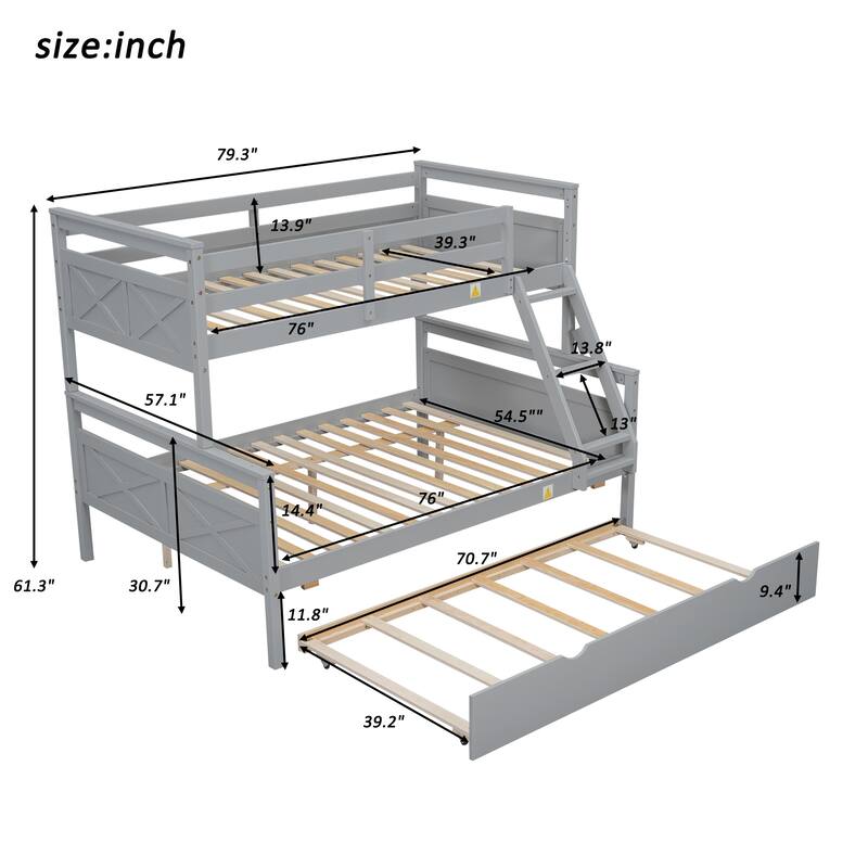 Twin over Full Bunk Bed with Ladder, Trundle, Safety Guardrail, Gray