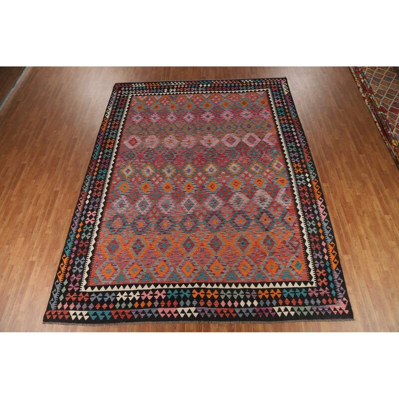 Kilim Area Rug Hand-Woven Geometric Wool Carpet - 10'4" x 13'2"