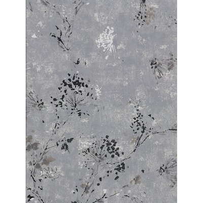 Misty Charcoal Distressed Dandelion Wallpaper - 27in x 324in x 0.025in