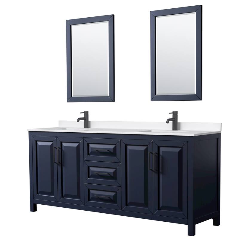 Daria 80-inch Double Vanity, Single Hole Quartz Top, 24-inch Mirrors - Dark Blue, Black Trim, White Quartz Top