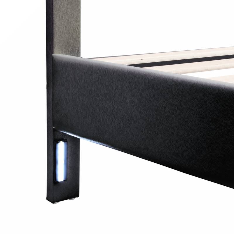 Upholstered Platform Bed with LED Lights and Two Motion Activated Night Lights,Queen Size Storage Bed with Drawer