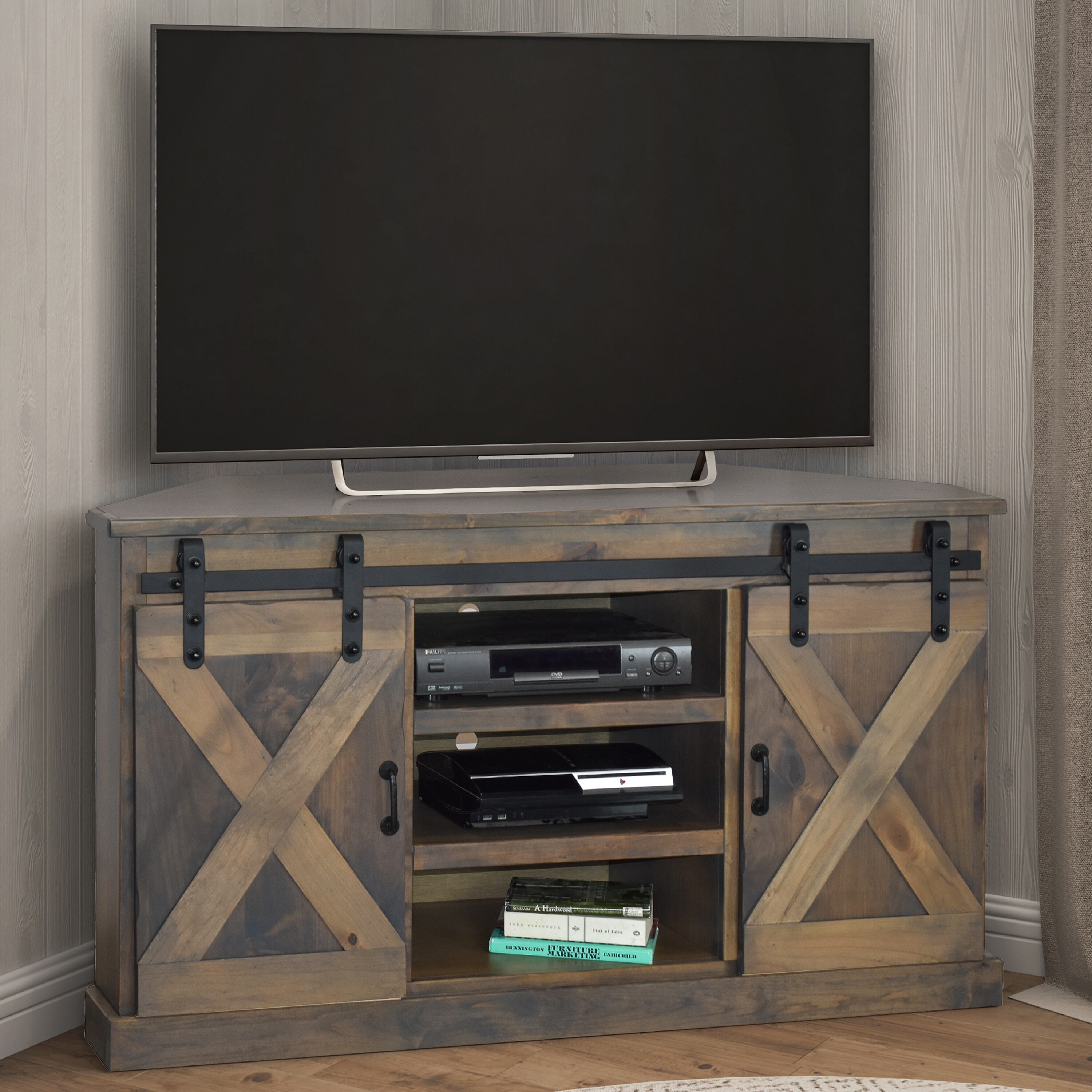 Bridgevine Home Farmhouse 66 inch Corner TV Stand for TVs up to 80 inches No Assembly Required Barnwood Finish