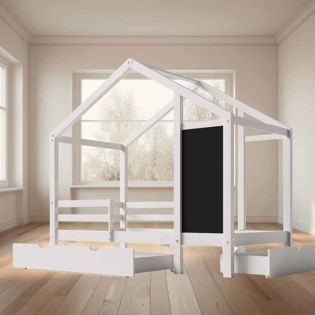 Twin and Full Size House Shaped Platform Bed with Blackboard and Drawers, Two Assembly Options for Creative Kids Bedroom
