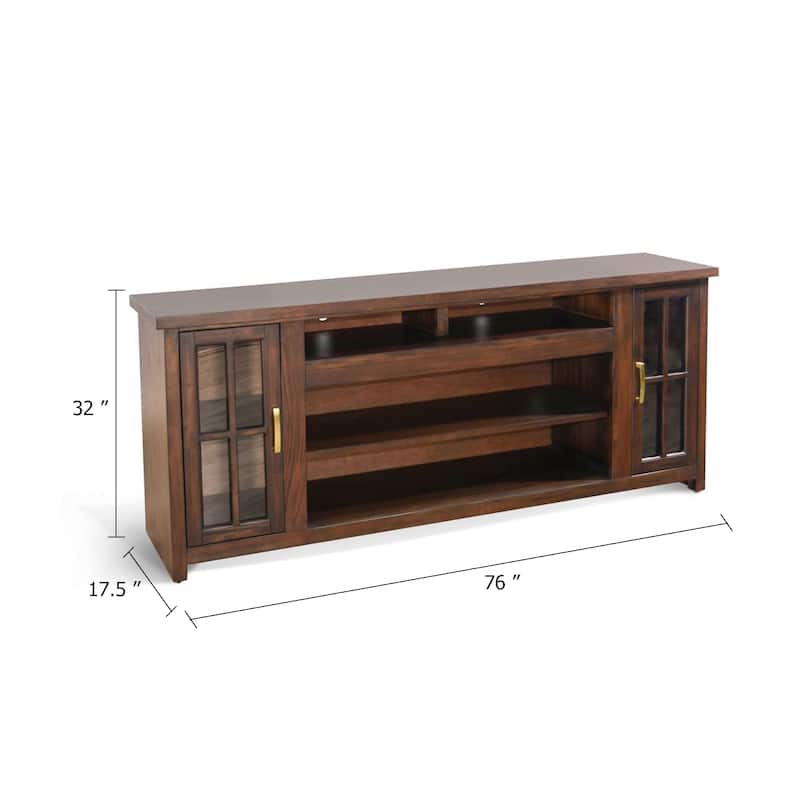 Leyla TV Stand Media Cabinet, 2 Glass Doors, Shelves, Brown Wood 76 Inch