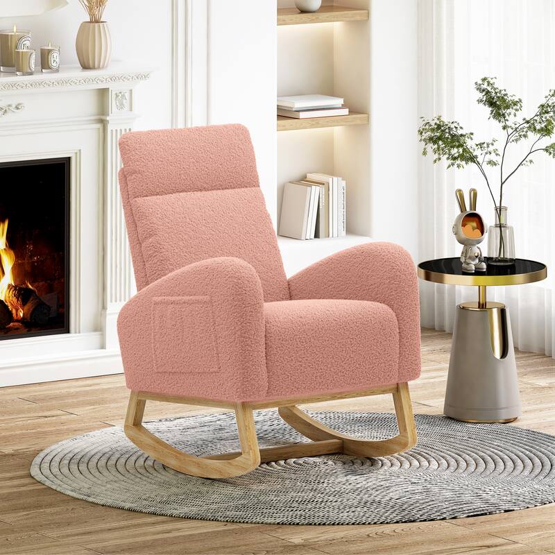 Modern Teddy Fabric Rocking Chair With Right Pocket For Indoor