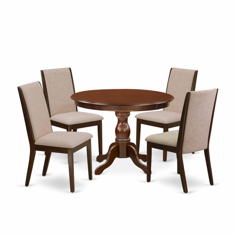 East West Furniture 5 Piece Dining Room Table Set- a Round Kitchen Table and 4 Linen Fabric Parsons Chairs, (Finish Options)