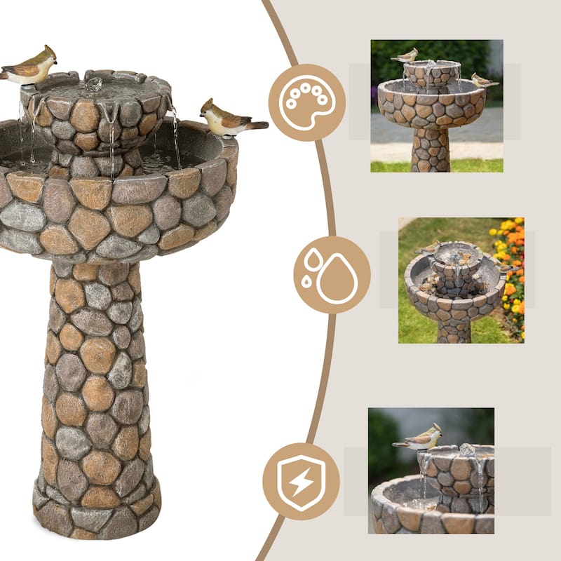 Glitzhome 24-inch Outdoor 2-tier Faux Pebbles Polyresin Birdbath Fountain with Pump