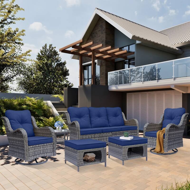 6 Piece Outdoor Wicker Patio Conversation Sofa Sets with Swivel Chairs - Navy Blue-Gray Rattan