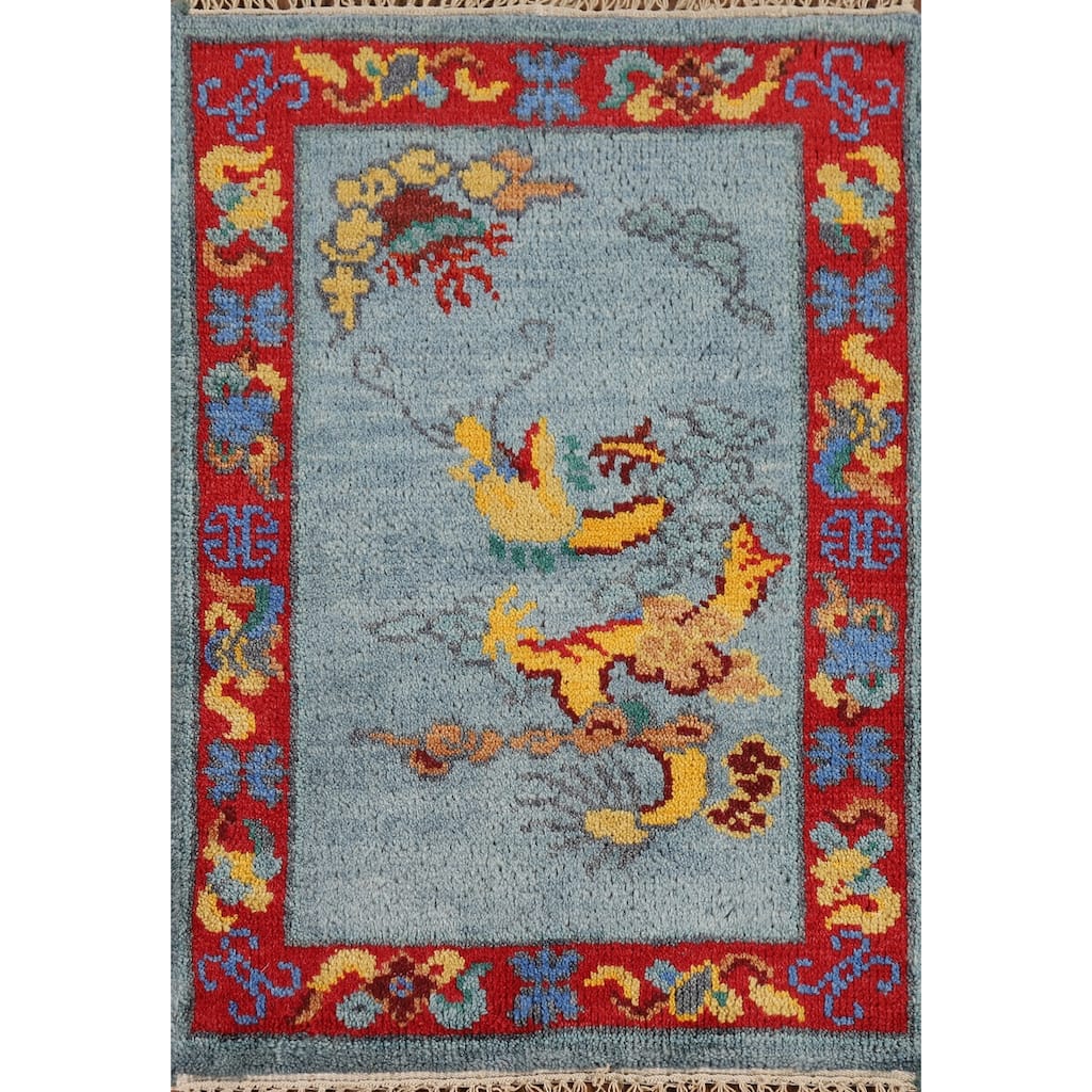 Hand Knotted Oriental 100% Wool Carpet Traditional Bordered Navy Blue & Blues Art Deco Area Rug - 3' 0'' X 2' 0''