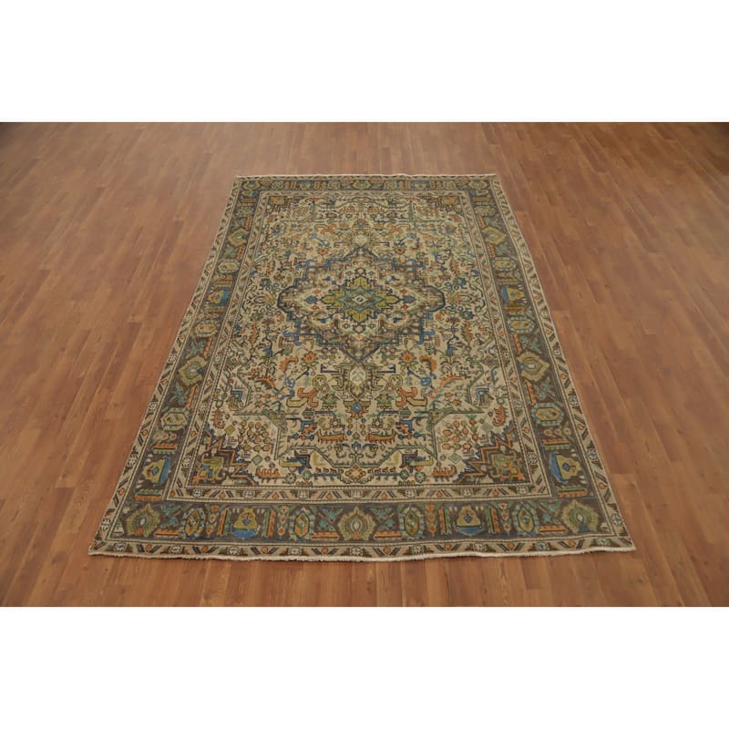 Hand Knotted Oriental 100% Wool Carpet Traditional Floral Beige & Ivories Tabriz Area Rug - 9' 3'' X 6' 1''