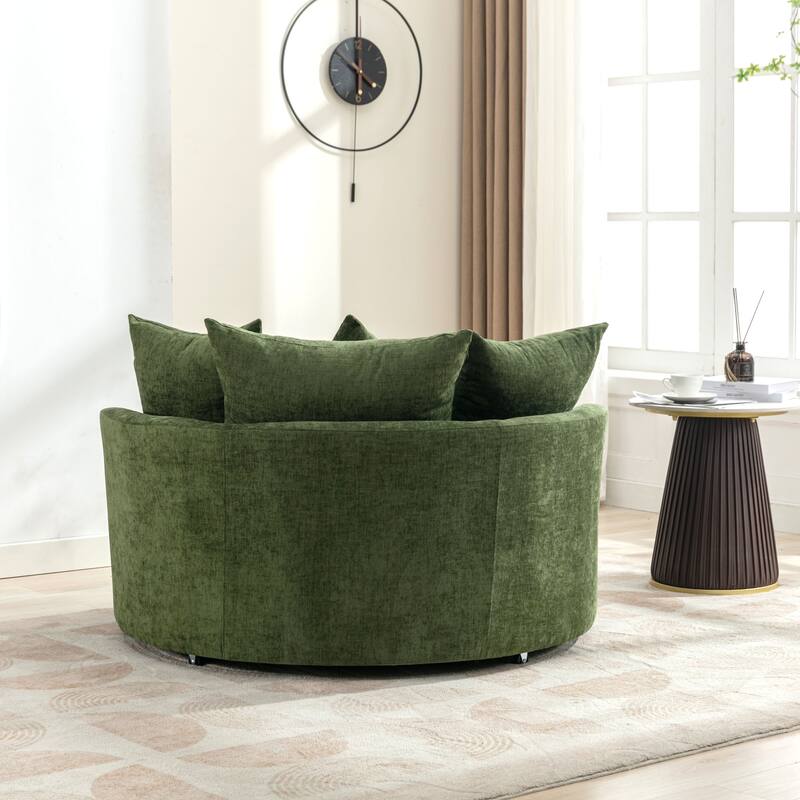 Roomfitters Modern 360° Swivel Barrel Chair with Hidden Storage Ottoman, Chenille Upholstery and Four Pillows