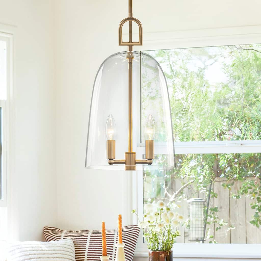 2-Light Gold Metal Pendant Light with Bell-Shaped Clear Glass Shades - Dia.10-in