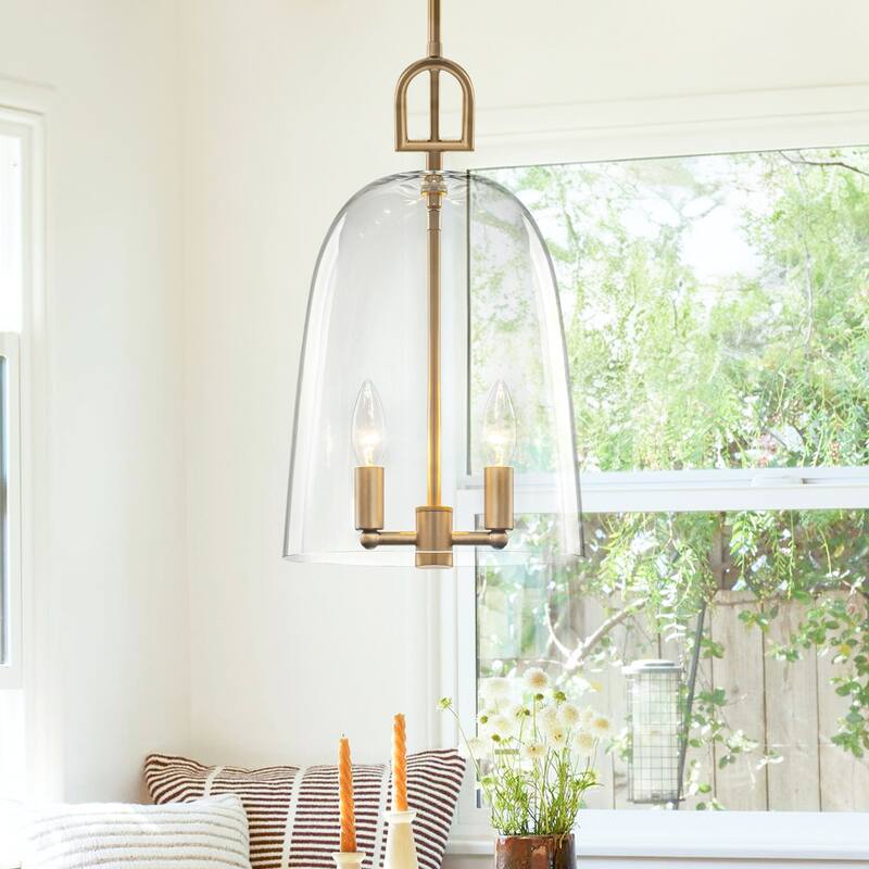 2-Light Gold Metal Pendant Light with Bell-Shaped Clear Glass Shades - Dia.10-in - Dia.10-in
