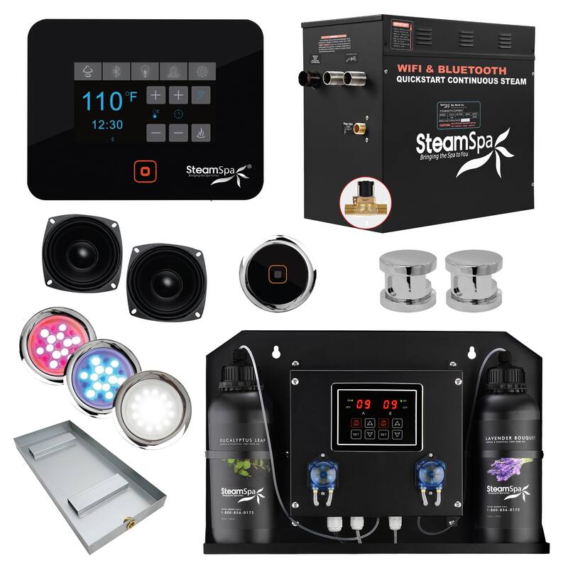 Black Series WiFi and Bluetooth 10.5kW QuickStart Steam Bath Generator Package with Dual Aroma Pump in Polished Chrome - Chrome