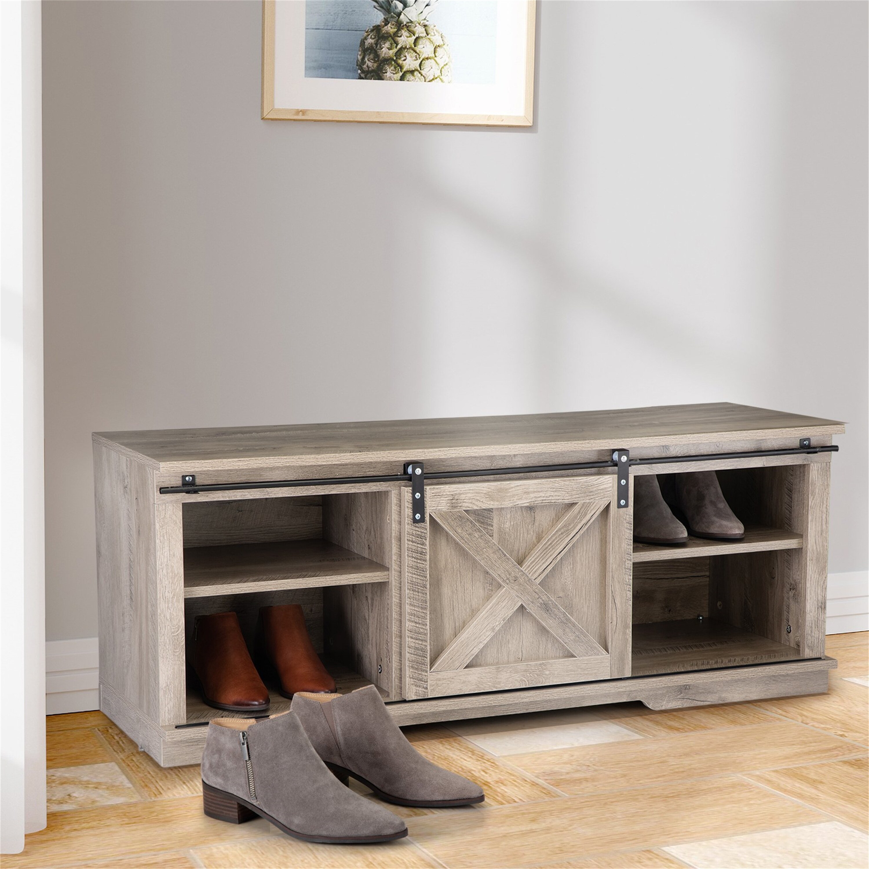 Shoe Rack Bench TV Stand Sliding Barn Door Shoe Storage Shelf Gray Wash