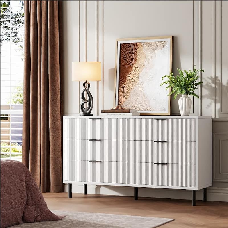 3/5/6 Drawer Fluted Dresser for Bedroom, Modern Wide Chest of Drawers with Metal Legs - 6-drawer - White