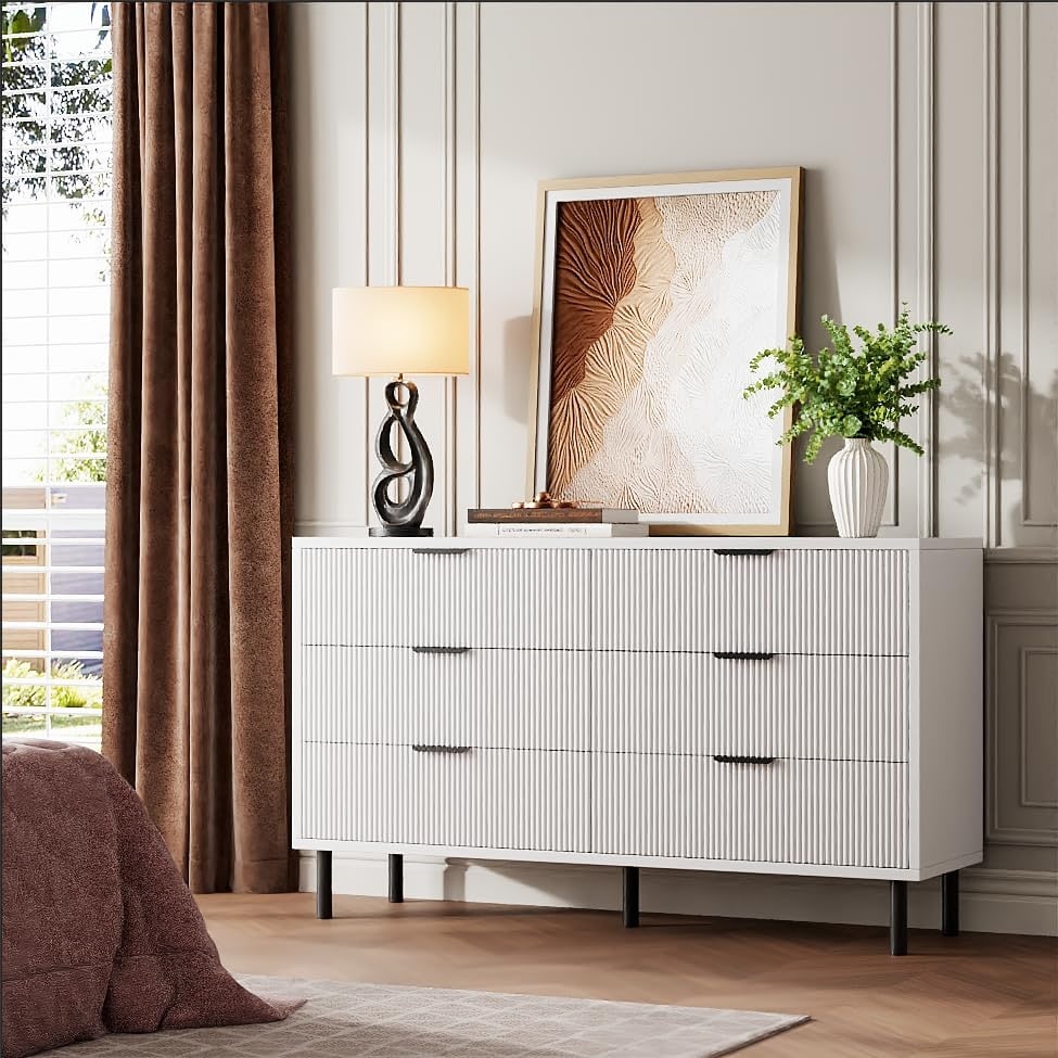 6 Drawer Fluted Dresser for Bedroom, Modern Wide Chest of Drawers with Metal Legs