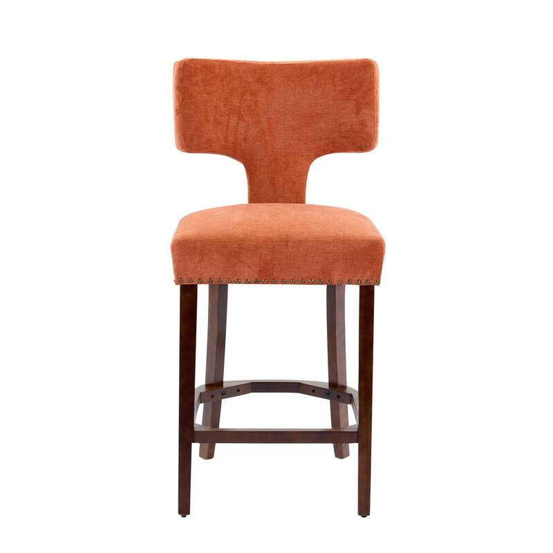 Set of 2 Mid-Century Modern Counter Height Bar Stools with Linen Upholstery Curved Backrest Copper Nail Solid Hardwood Frame