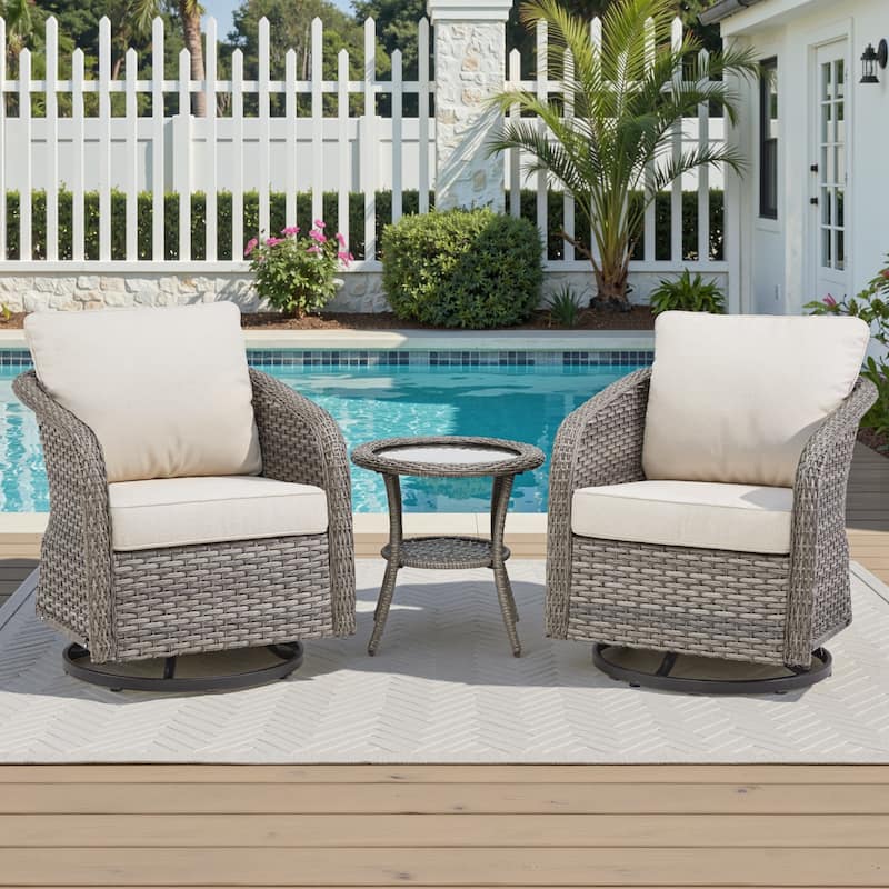 Pocassy Outdoor Patio Furniture Wicker Sofa Chair Set - Light Grey Wicker Beige Cushion - 3 Pieces Swivel Chair with Side Table