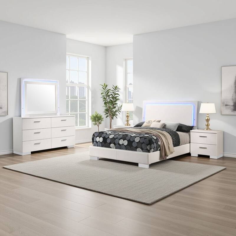 Sok 4pc Full Bedroom Set, Blue LED Lights, Faux Leather, White Wood