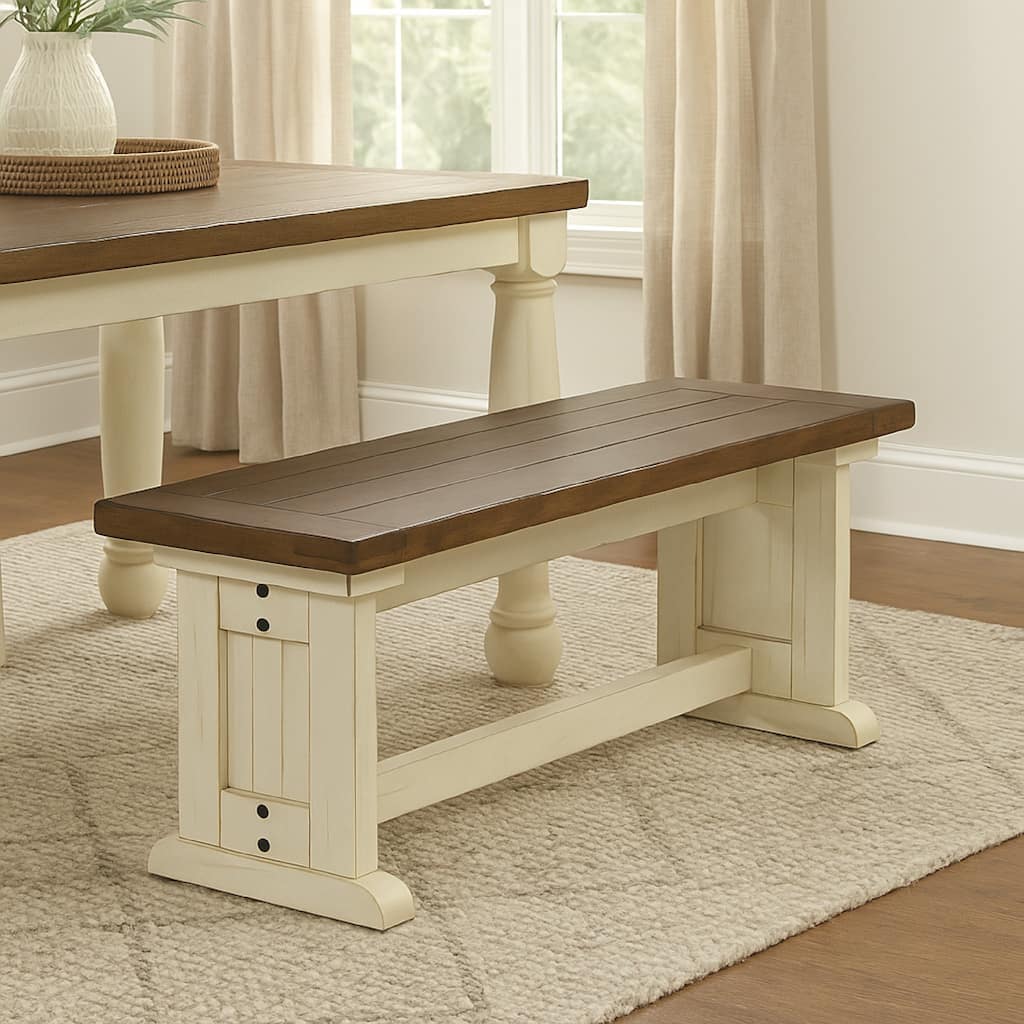 Dean Side Dining Bench, Plank Style Seat, Off White and Brown 48 Inch