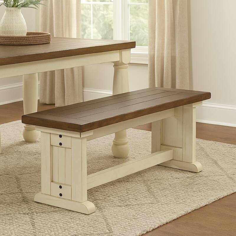 Dean Side Dining Bench, Plank Style Seat, Off White and Brown 48 Inch