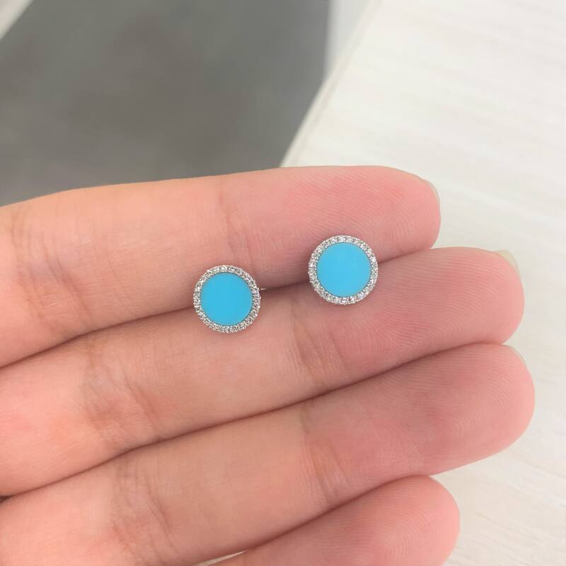 Joelle Collection Diamond & Turquoise Circle Disc Studs Earrings 14K Gold 1/10ct TDW