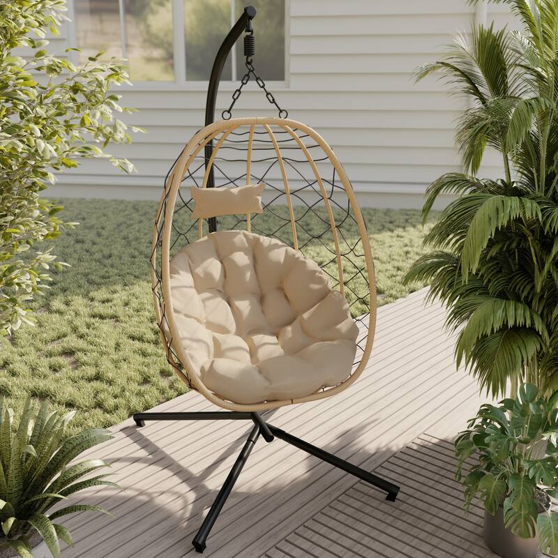 Summit Hanging Egg Swing Chair with Brown Frame & Foldable Shell for Home Patio Garden Backyard Porch - Beige