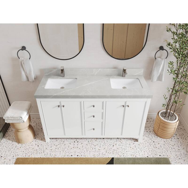 Willow Collections 60 in. W x 22 in. D Chicago Double Sink Bathroom Vanity with Countertop - 2” Pearl Gray - White