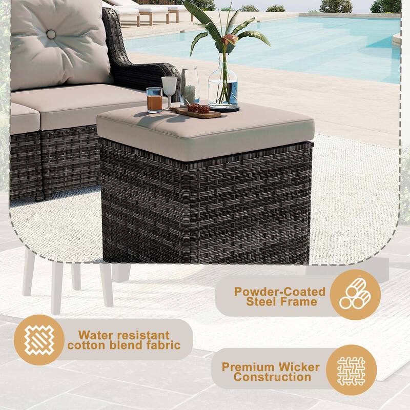 Outdoor 17.7" W Square Rattan Ottoman Patio Ottoman with Seat Cushion