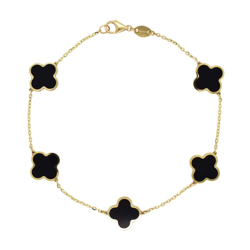 Italian Gold 14K Yellow Gold Clover Gemstone Bracelet - Made in Italy 10mm Clover Size - Onyx