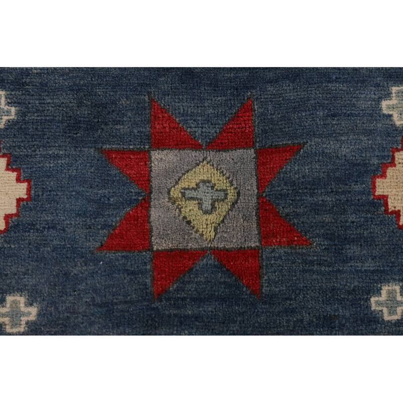 Light Blue Geometric Kazak Area Rug Living Room Handmade Wool Carpet - 6'4" x 9'10"