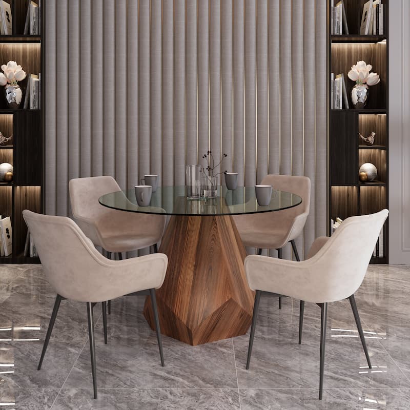 Nebo Round 47" Tempered Glass or Sintered Stone Top Dining Table with Geometric Design Ashwood Pedestal Base Kitchen Table